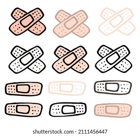 a set of medical patches in different versions. a hand-drawn collection of medical patch contour in the style of black and flesh-colored doodles, isolated elements on white for a packaging design temp