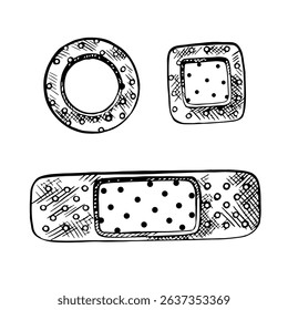 A set of medical patches. Vector black and white hand-drawn graphics. For packaging, posters, instructions, symbols and signs. For first aid, first aid kits, banners and flyers.