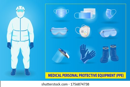 set of medical personal protective equipment or medical suit cloting or medical safety equipment concept. eps 10 vector 