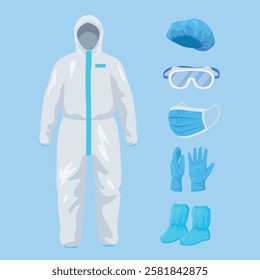 A set of medical personal protective equipment, including a protective suit, gloves, mask, protective glasses, headgear and shoe covers, emphasizing the safety of medical personnel