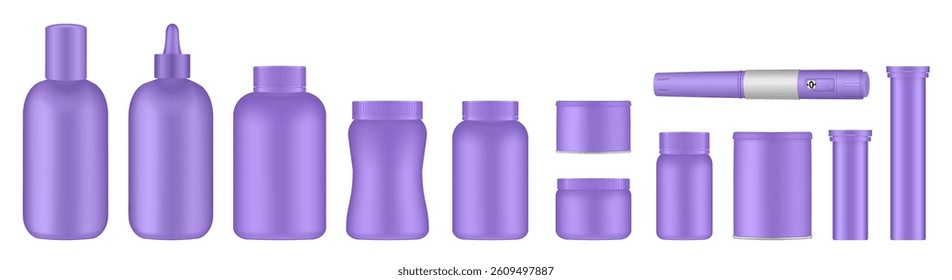 Set of medical pill bottles. Purple jar with lid. Plastic medicine container. 3d mockup of a packaging for pharmacy. Effervescent tablet tubes, insulin pen	