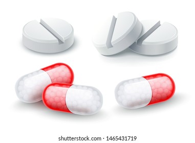 Set of medical pills, capsules and drugs for cure of illness and healthy life. Treatment medicaments isolated on white background. Eps10 vector illustration.