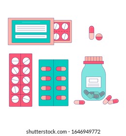 Set Of Medical Pills  Icons. Element Design Of Healthcare And Shopping, Pharmacy, Drug Store. Vector Illustration In Flat Modern Thin Line Style. Pharmacy And Drug Items. Medical Illustration.