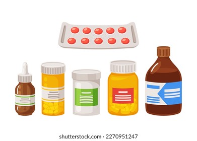 Set of Medical Pills or Medications, Pharmacy and Drugstore Production. Blister, Bottles or Jars with Drugs Icons