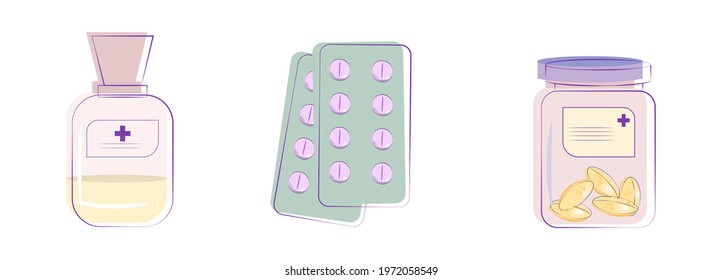 Set of Medical pills or tablets. Assorted oval and round tablets, capsules, medicine in jar and blister. Medical and healthcare concept. Vector illustration.