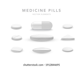 Set of medical pills. Medical treatment capsule and drugs. Collection of oval, round and capsule shaped tablets. Vector illustration