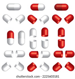 Conjunto de píldoras médicas.Cápsula de fármaco cerrada y abierta.Medicamentos y vitamina.Farmacéutica.Medicina y atención de la salud.Colgamiento para publicidad.Signo, símbolo, icono o logotipo aislado.Ilustración vectorial realista.