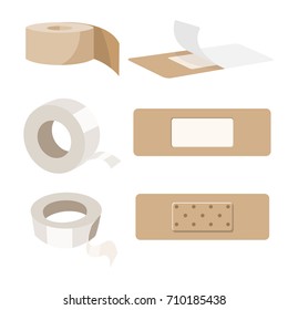 Set of medical plaster, patch, steristrip, adhesive bandage on a white background