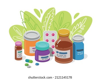 Set of medical preparations. Health supplements, medicine concept vector illustration