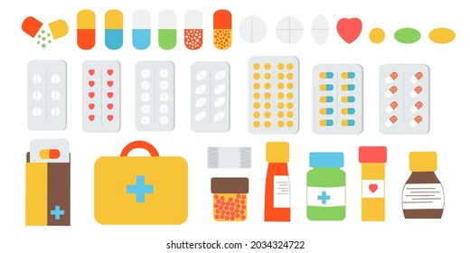 A set of medical preparations. Tablets are different, in a blister, in a package, in a jar. Ambulance for pain of various types. Flat illustration.