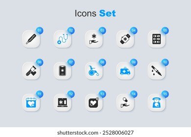 Set Medical prescription, Emergency call 911, Stethoscope, Doctor appointment, Pipette, thermometer and Wheelchair for disabled person icon. Vector