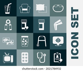 Set Medical prescription, Grandmother, Bone pain, Pillow, Medicine bottle pills, Sport expander, Glass with water and  icon. Vector