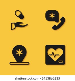 Set Medical prescription, Heart rate, Location hospital and Emergency call 911 icon with long shadow. Vector