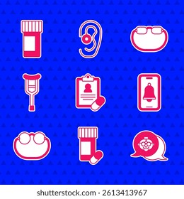 Set Medical prescription, Medicine bottle and pills, Grandmother, Emergency phone call, Eyeglasses, Crutch or crutches,  and  icon. Vector