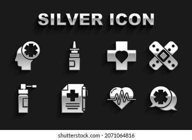 Set Medical prescription and pen, Crossed bandage plaster, Dialogue with the doctor, Heart rate, Bottle nozzle spray, cross, Male head hospital and nasal icon. Vector