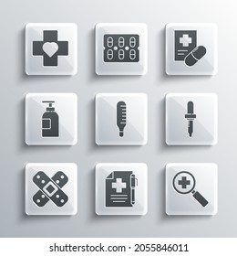 Set Medical prescription and pen, Magnifying glass for search medical, Pipette, thermometer, Crossed bandage plaster, Hand sanitizer bottle, Heart with cross and  icon. Vector