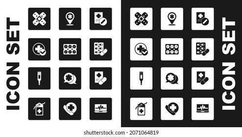 Set Medical prescription, Pills in blister pack, Cross hospital medical, Crossed bandage plaster, Map pointer with cross,  and digital thermometer icon. Vector