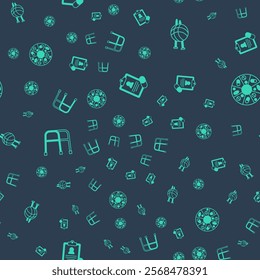 Set Medical prescription, Yarn ball with knitting needles, Walker and Vitamin pill on seamless pattern. Vector