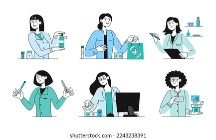 Set of medical professionals, medical staff, pharmacists. Pharmacy, medicines. World pharmacist day. Vector flat illustration