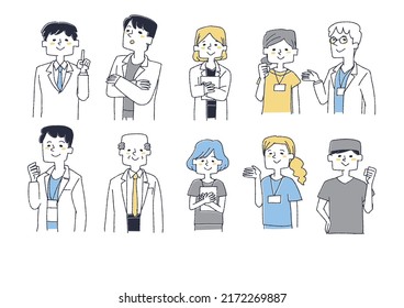 Un conjunto de profesionales médicos con diversas expresiones faciales, un vector cómico de persona escrita a mano, un dibujo de línea cálida
