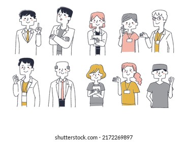 A set of medical professionals with various facial expressions, a comical handwritten person vector, a warm line drawing
