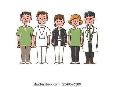 A set of medical professionals working in a nursing home Comical handwritten person Vector, line drawing and color