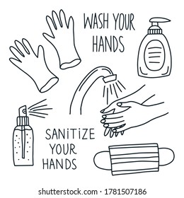 Set of medical protection stuff against coronavirus, gloves, medical mask, hand sanitizer gel for hands. Doodle style. Vector illustration.
