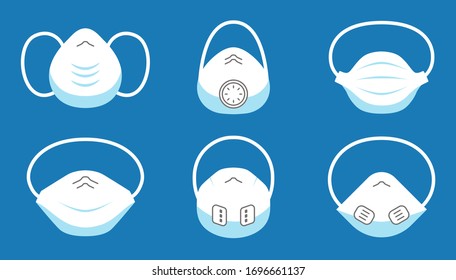 Set of medical protective face masks. Respiratory breathing masks isolated on green background, air pollution, smog and virus protection face mask design. Vector illustration