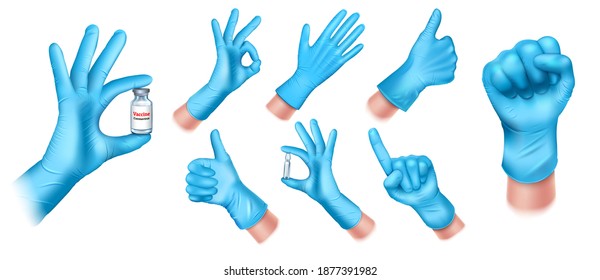 Set of medical protective gloves made of blue latex. Doctors hand gestures Ok, okay, hand with an ampoule with a bottle of COVID-19 vaccine. Isolated on a white background. 3d realistic vector.