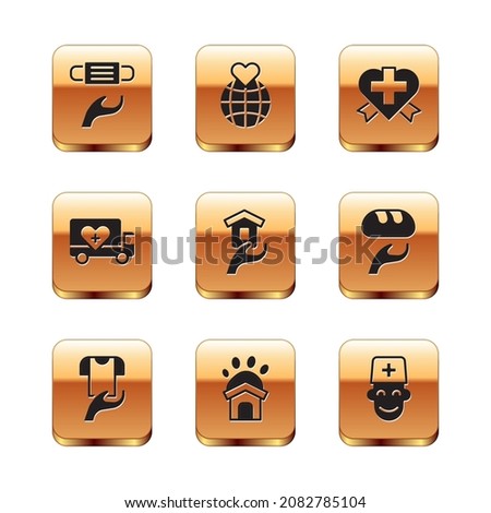 Set Medical protective mask, Clothes donation, Animal shelter house, Shelter for homeless, Humanitarian truck, Heart with cross, Male doctor and Hand holding Earth globe icon. Vector