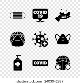 Set Medical protective mask, Corona virus on location, Washing hands with soap, Liquid antibacterial, covid-19, Earth medical,  and Positive icon. Vector
