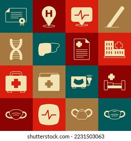 Set Medical protective mask, Hospital bed, building, Heart rate, Human organ liver, DNA symbol, Certificate template and Patient record icon. Vector