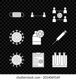 Establecer máscara de protección médica, distancia segura, propagación de virus, portapapeles con resultados de análisis de sangre, Sangre y virus, e icono de botella. Vector