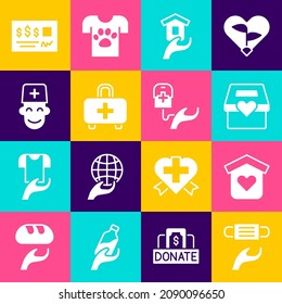 Set Medical Protective Mask, Shelter For Homeless, Donation And Charity, First Aid Kit, Male Doctor, Bank Check And Blood Donation Icon. Vector