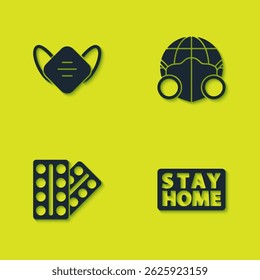 Set Medical protective mask, Stay home, Pills in blister pack and Earth with medical icon. Vector