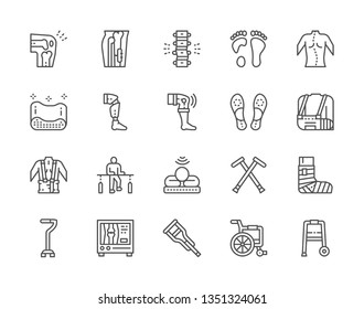 Set of Medical Rehabilitation and Orthopedic Line Icons. Backbone Pain, Flat Foot, Scoliosis, Prosthesis, Bandage, Physiotherapy, Mri Scanner, Crutches, Wheelchair and more. Pack of  48x48  Pixel Icon