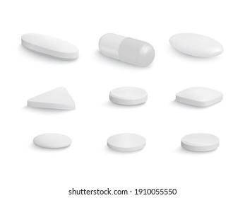 Set of medical round pill and capsules in mockup style. Medical and healthcare concept. Vector illustration