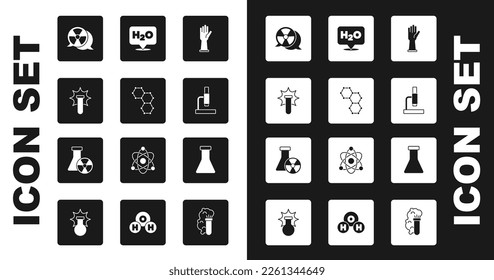 Set Medical rubber gloves, Chemical formula, explosion, Radioactive, Microscope, H2O, Test tube and flask and radiation icon. Vector