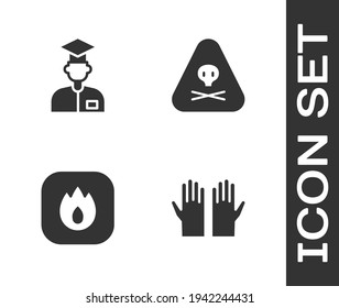 Set Medical rubber gloves, Laboratory assistant, Fire flame and Triangle warning toxic icon. Vector