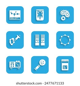 Guantes de goma médicos, Microorganismos bajo lupa, Tarro con aditivos, Fórmula química, Espectrómetro, Jeringa, Virus e icono. Vector
