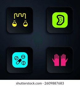 Set Medical rubber gloves, Test tube and flask, Medicine pill or tablet and Bacteria. Black square button. Vector