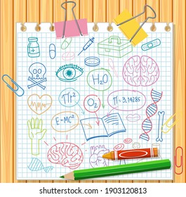Set of medical science element doodle on paper illustration