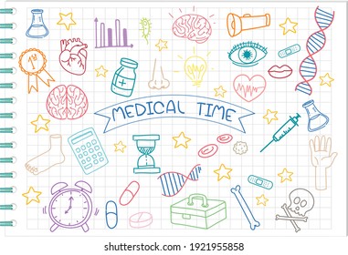 Set of medical science element doodle on notebook illustration