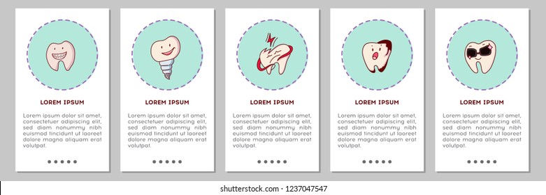 Set of medical science vector flat banners. Cute tooth characters. Dental personage vector illustration. Illustration for children dentistry. Medical vertical concepts.