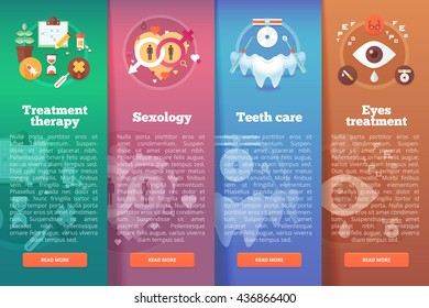 Set of medical science vector flat banners. Medic and healthcare vertical layout concepts.