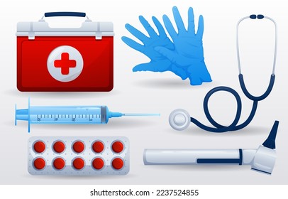 Set of medical and scientific equipments . Medical box . Sterilized gloves . Stethoscope . Syringe and needle . Drug . Otoscope . Vector .