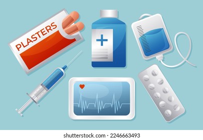 Conjunto de equipos médicos y científicos . Plasters . Jeringa. Frasco de medicamentos. Paquete de píldora . Bolsa de solución salina. Dispositivo de monitorado ECG. Vector.