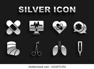 Set Medical scissors, Dialogue with the doctor, thermometer, Lungs, Gypsum, Healed broken heart, Crossed bandage plaster and Monitor cardiogram icon. Vector