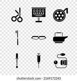 Set Medical scissors, Eye test chart, Surgery lamp, Pipette, Syringe, Blood pressure, Toothbrush and Safety goggle glasses icon. Vector