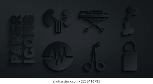 Set Medical scissors, Human broken bone, Heart rate, Eye drop bottle, Stretcher and kidneys icon. Vector